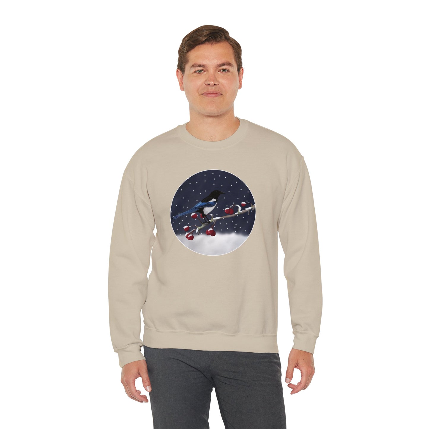 Magpie on a Winter Branch Christmas Bird Sweatshirt