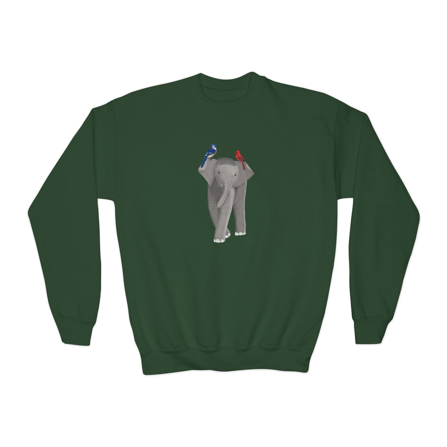 Elephant with Blue Jay and Cardinal Bird Youth Crewneck Sweatshirt