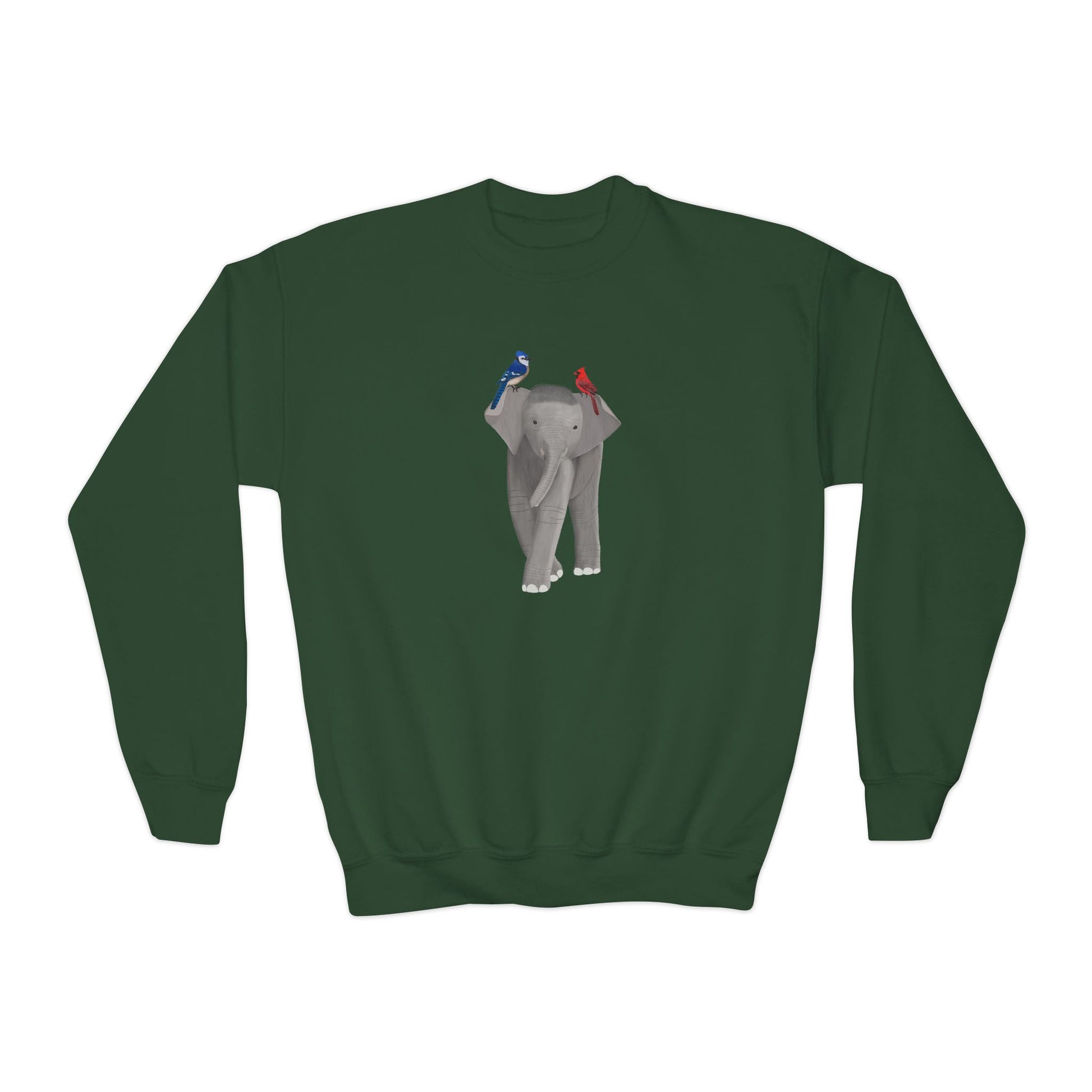 Elephant with Blue Jay and Cardinal Bird Youth Crewneck Sweatshirt – Casual Kids Clothing, Sweatshirts