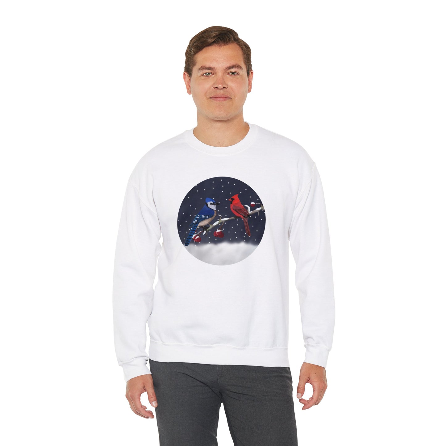 Blue Jay and Cardinal on a Winter Branch Christmas Bird Sweatshirt