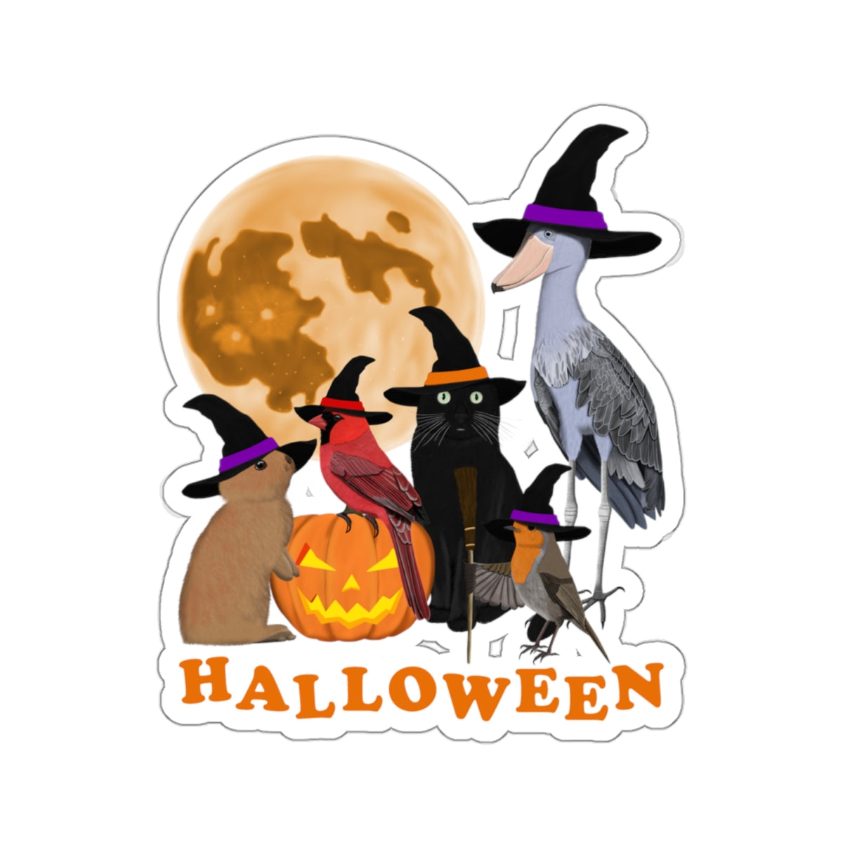 Cardinal Robin Shoebill with Cat and Bunny Halloween Bird Sticker