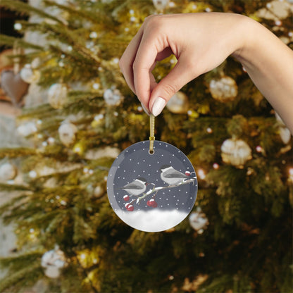 Willow Titmice on a Winter Branch Christmas Bird Glass Ornament