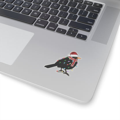 Blackbird with Fairy Lights Santa Claus Hat and Scarf Christmas Bird Sticker