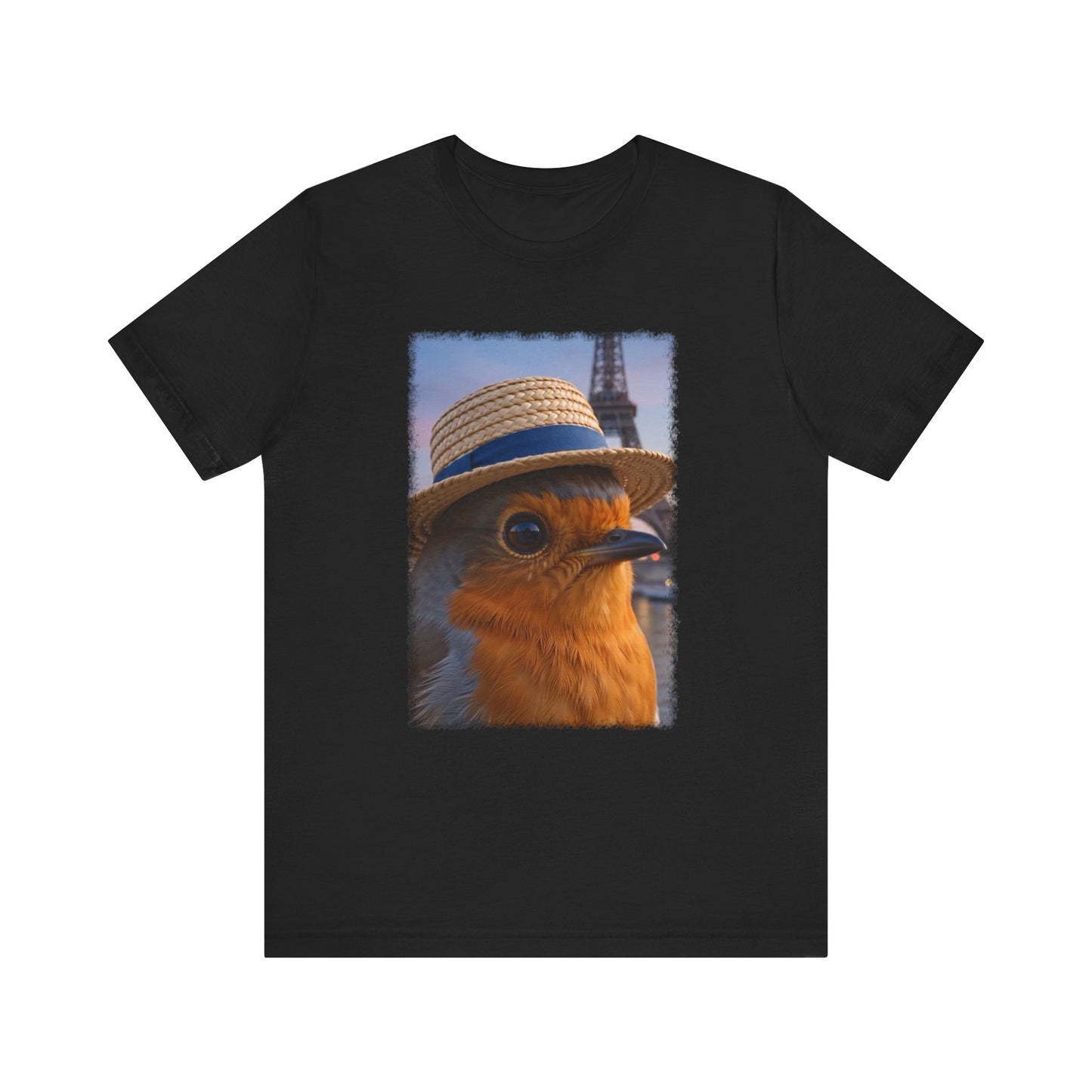 Rosi Rotkehlchen mit Sonnenhut in Paris T-Shirt – Bequemes Premium Shirt für Reisefreunde