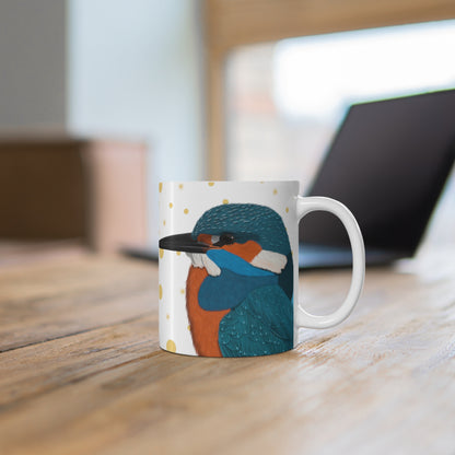 Kingfisher Bird Ceramic Mug White Golden Dots 11oz