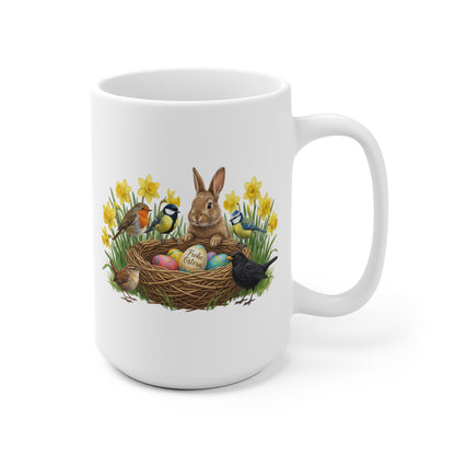 Kaninchen Rotkehlchen Amsel am Nest mit Osterglocken Tasse - Oster-Geschenk für Vogelfreunde