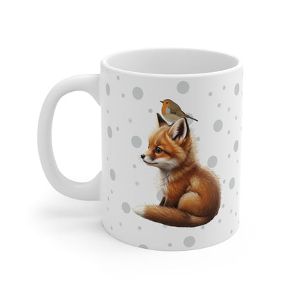 Fox Mug with European Robin for Animal Lovers & Bird Watchers 11oz