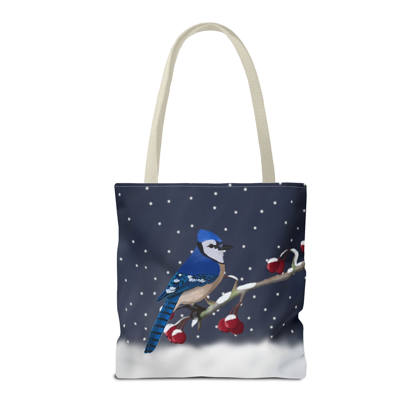 Blue Jay on a Winter Branch Christmas Bird Tote Bag 16"x16"