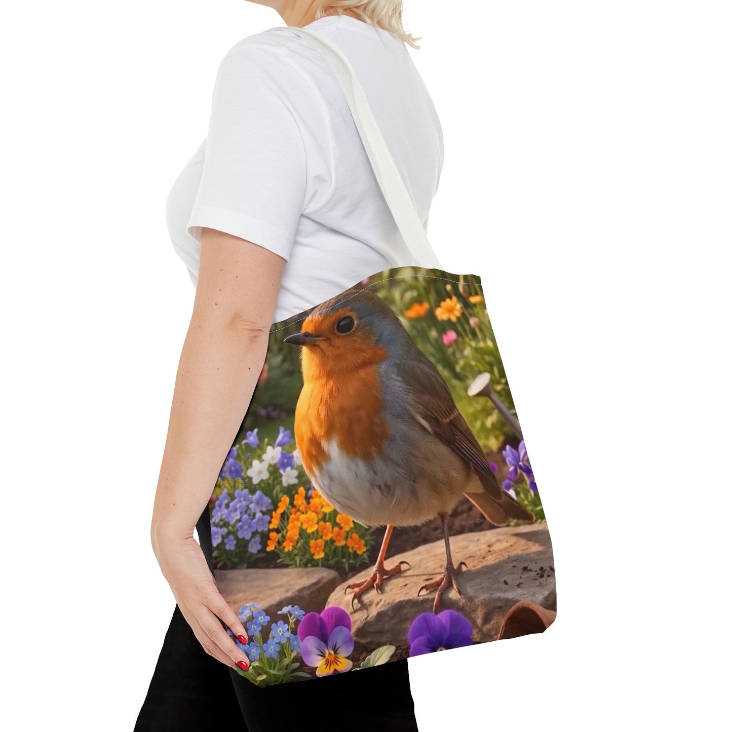 Robin Rosi Flower Bed Tote Bag - Cute Backyard Bird Watcher Gift