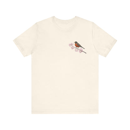 Wanderdrossel T-Shirt mit Kirschblüten | Florales Vogelmotiv für Vogelfreunde – bird graphic tee, Vogel