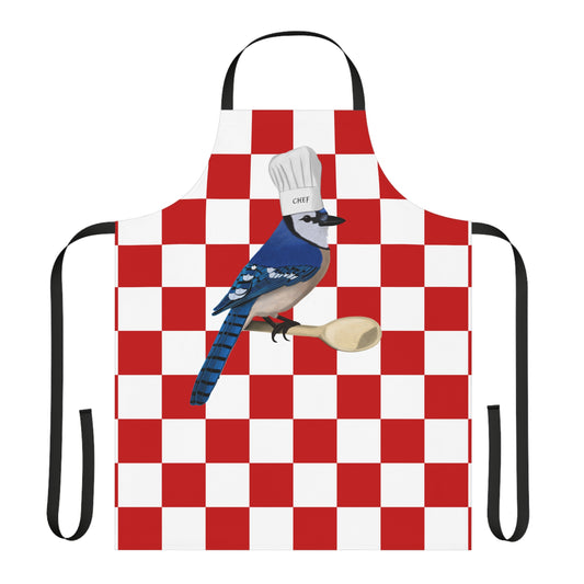 Blue Jay Kitchen Chef Bird Art Apron Red and White Checkered