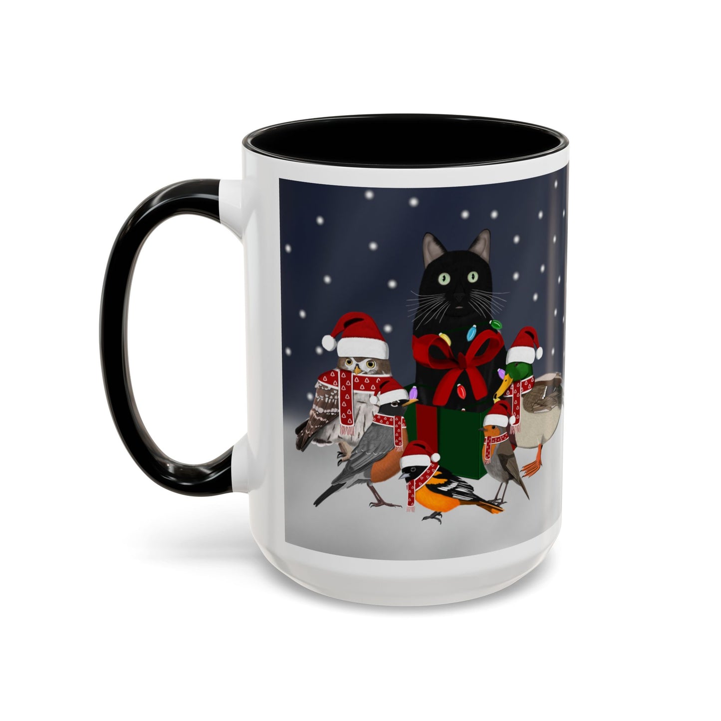 Robin Oriole Mallard Owl and Cat with Christmas Hat and Scarf Snow Bird Coffee Mug