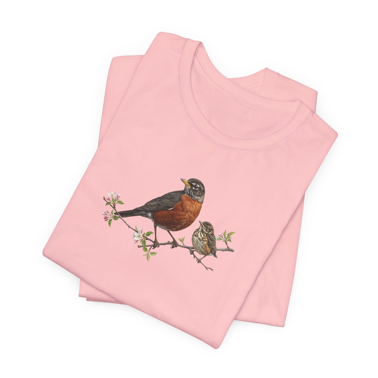 American Robin & Fledgling T-Shirt | Spring Blossoms Unisex Graphic Tee