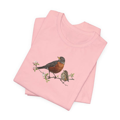 American Robin & Fledgling T-Shirt | Spring Blossoms Unisex Graphic Tee
