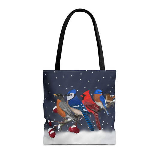 Robin Blue Jay Cardinal Bluebird Wren on a Winter Branch Christmas Bird Tote Bag 16"x16"