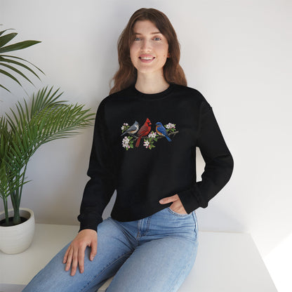 Tufted Titmouse, Cardinal & Bluebird & Apple Blossoms – Cozy Birding Crewneck Sweatshirt