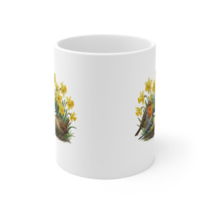 Kaninchen Rotkehlchen Meisen Zaunkönig mit Osterglocken Tasse - Oster-Geschenk für Vogelfreunde