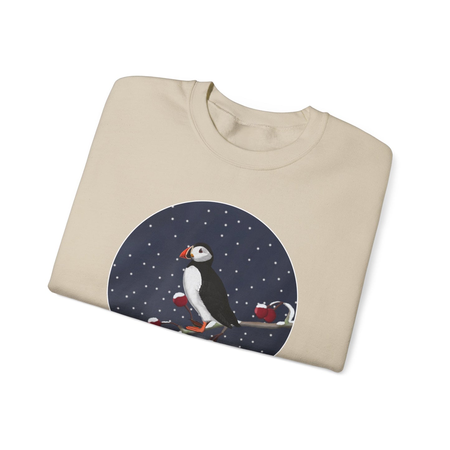 Puffin on a Winter Branch Birdwatcher Christmas Bird Sweatshirt