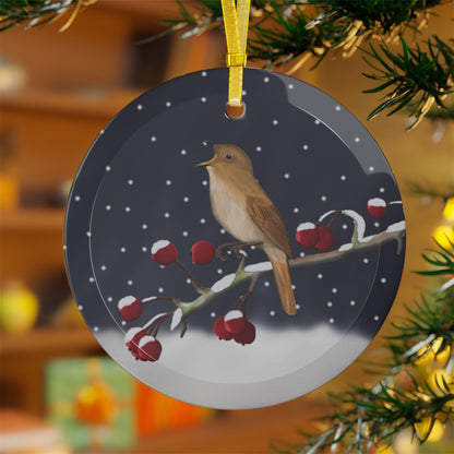 Nightingale on a Winter Branch Christmas Bird Glass Ornament