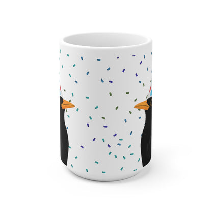 Amsel feiert Geburtstag mit Partyhut und Konfetti Vogel Tasse