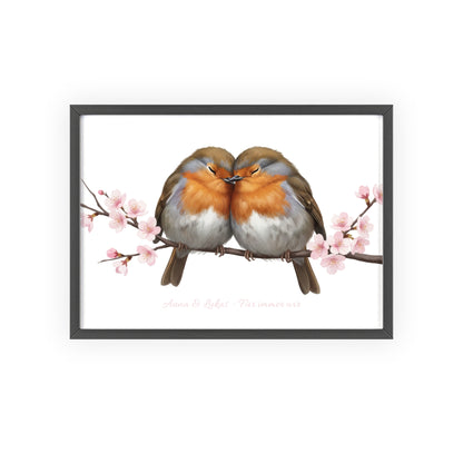 Personalisiertes Wandbild im Holzrahmen – Rotkehlchen-Paar mit Wunschnamen