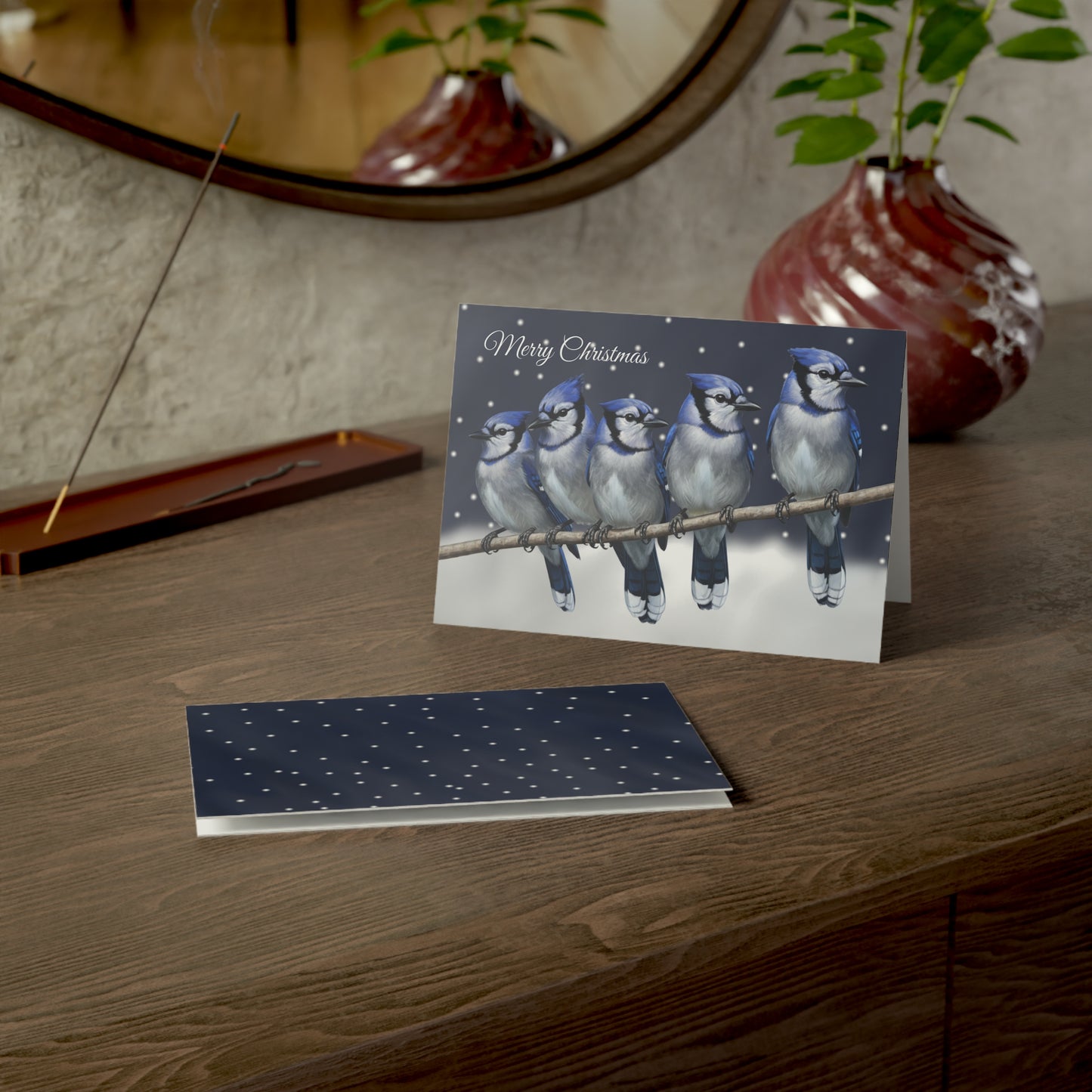 Blue Jays Bird Art Premium Christmas Card 7x5" | Double-Sided Matte Holiday Greeting