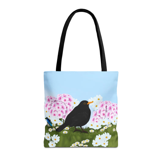 Blackbird in Summer Flowers Bird Tote Bag 16"x16"
