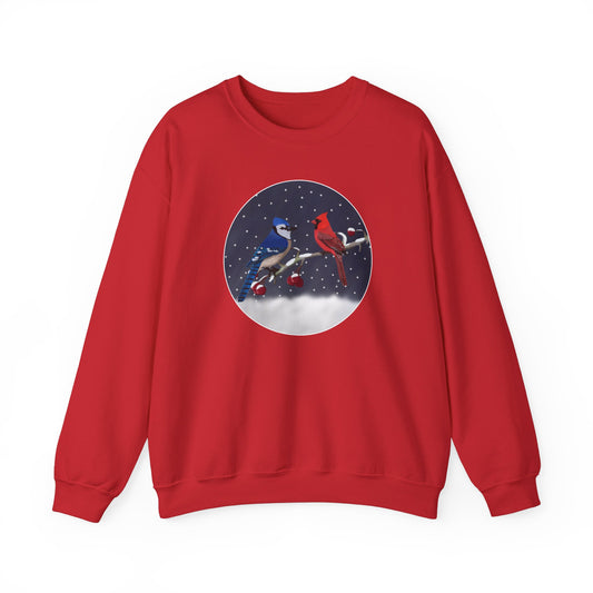 Blue Jay and Cardinal on a Winter Branch Christmas Bird Sweatshirt