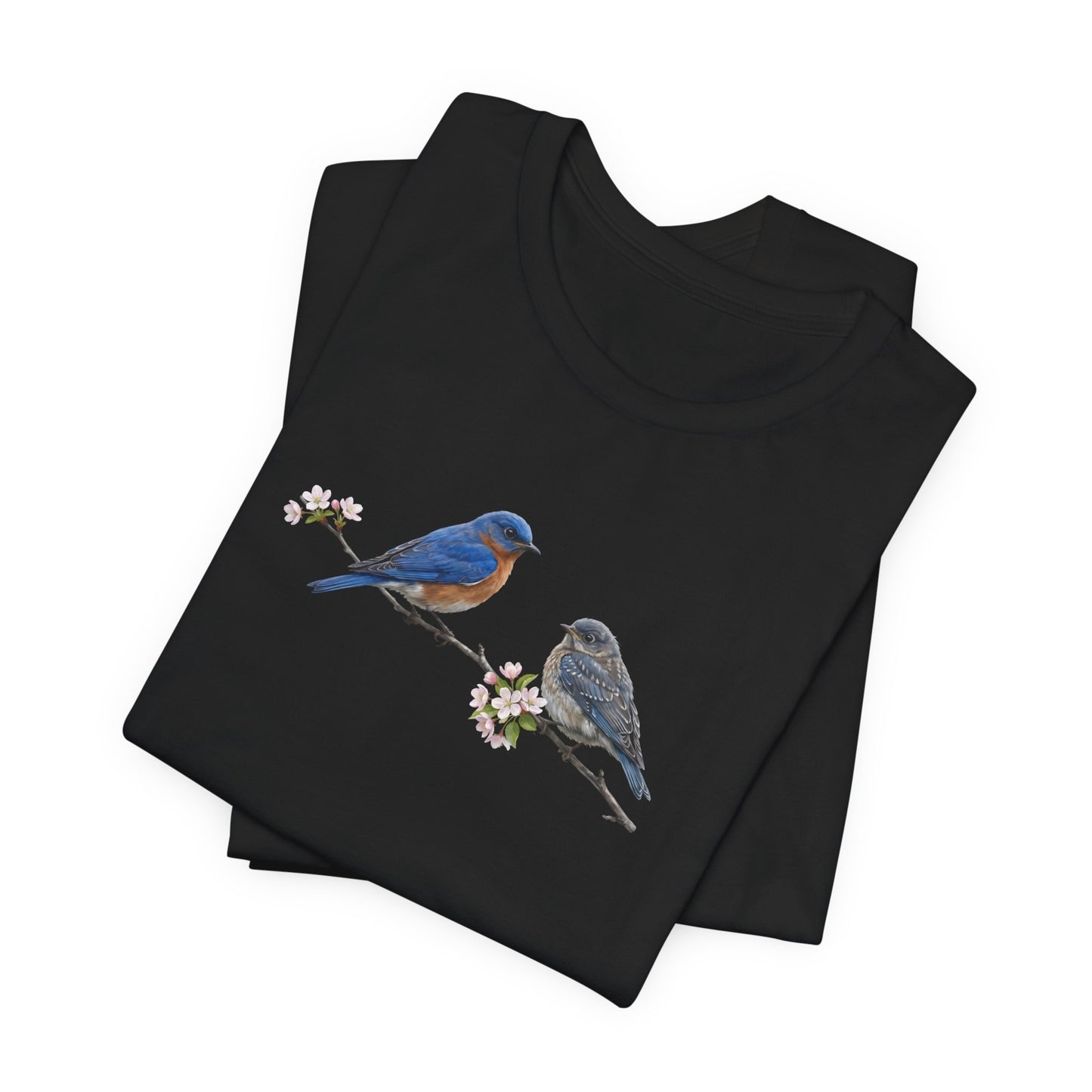 Eastern Bluebird & Fledgling T-Shirt | Spring Blossoms Unisex Graphic Tee