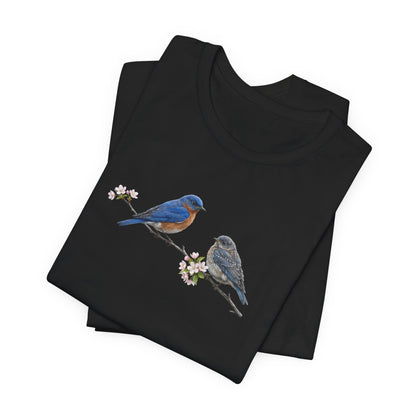 Eastern Bluebird & Fledgling T-Shirt | Spring Blossoms Unisex Graphic Tee