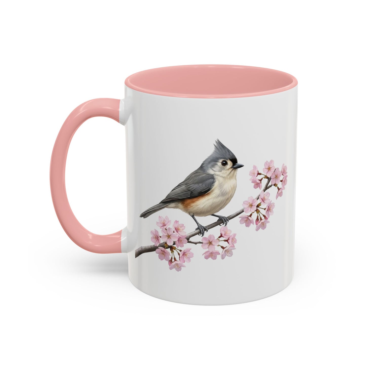 Tufted Titmouse Cherry Blossom Mug | Pink Ceramic Coffee Cup for Bird Lovers