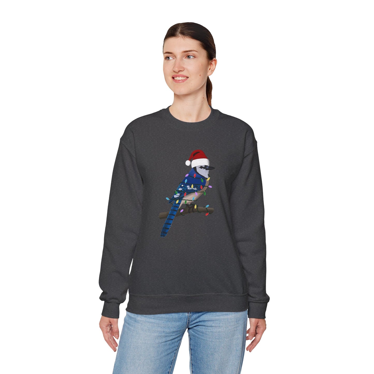 Blue Jay with Fairy Lights Santa Claus Christmas Bird Sweatshirt