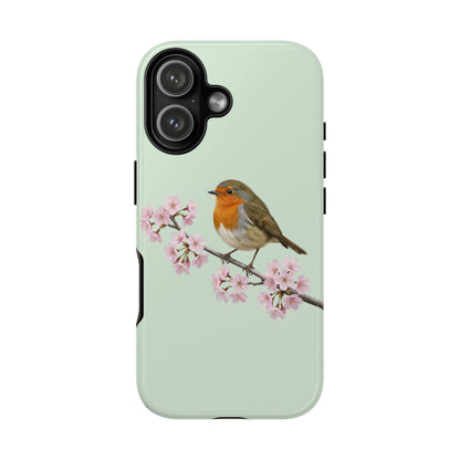 Rotkehlchen Handyhülle in Salbeigrün | Florales Kirschblüten Vogel-Motiv für iPhone & Google Pixel