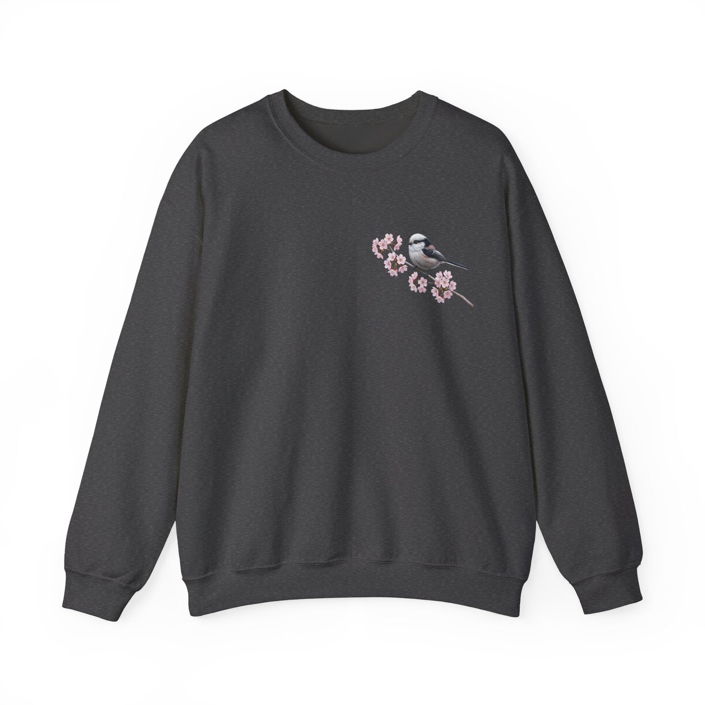 Long Tailed Titmouse Cherry Blossom Sweatshirt | Floral Bird Crewneck Cozy Spring Pullover in Black