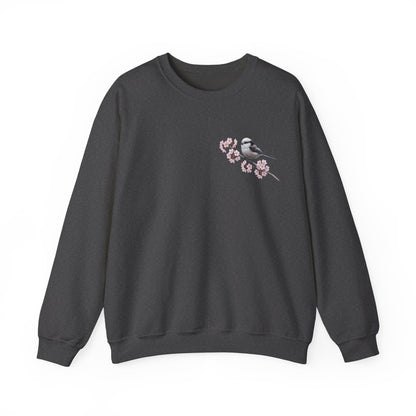 Long Tailed Titmouse Cherry Blossom Sweatshirt | Floral Bird Crewneck Cozy Spring Pullover in Black