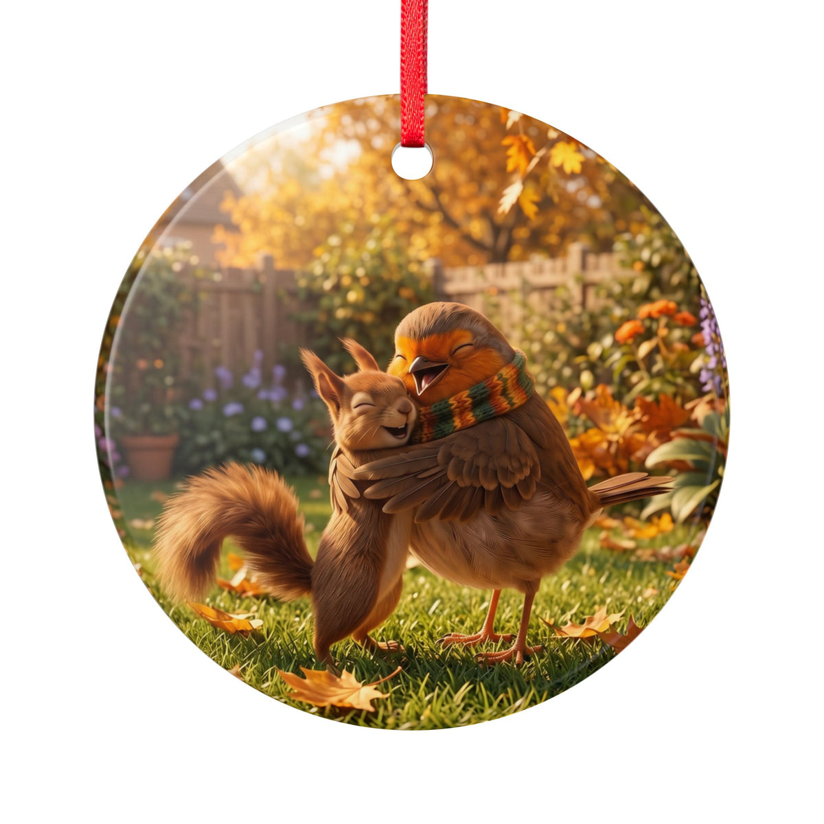 Beidseitig bedrucktes Keramik Ornament mit liebevoller Herbst-Illustration: Ein Rotkehlchen und ein kleines Eichhörnchen umarmen sich glücklich. Ideale Herbstdeko und Geschenkidee für Vogelfreunde und Vogelbeobachter.