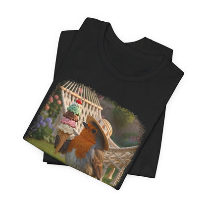 Rosi Rotkehlchen & das Riesen-Eis im Garten T-Shirt | Geschenk für Vogelfreunde