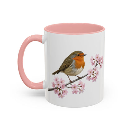Rotkehlchen Tasse mit Kirschblüten | Rosa Keramiktasse für Vogelfreunde