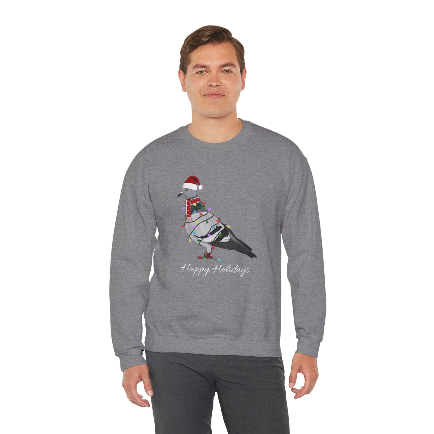 Pigeon with Fairy Lights as Santa Happy Holidays Birdwatcher Christmas Bird Sweatshirt