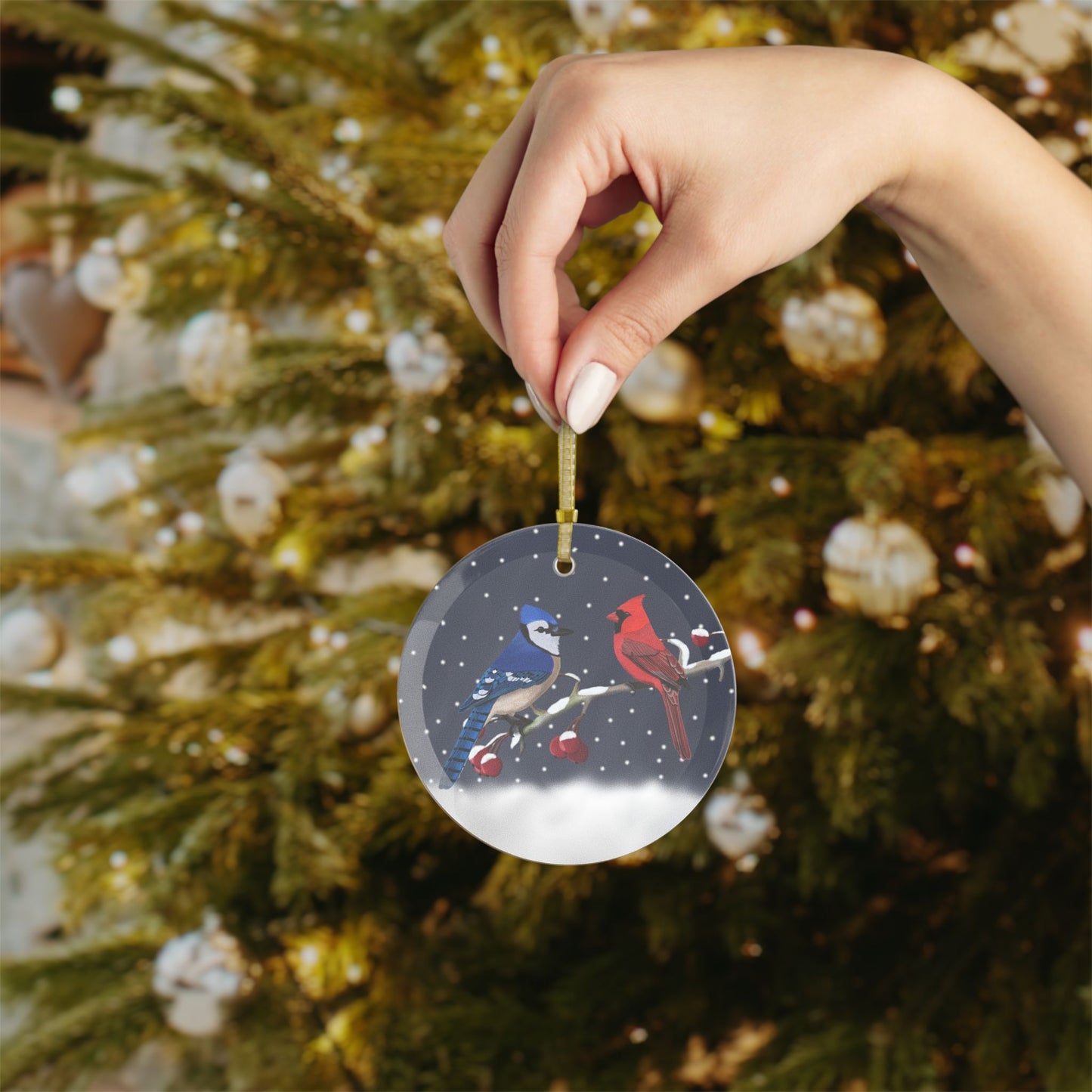 Blue Jay and Cardinal on a Winter Branch Christmas Bird Glass Ornament