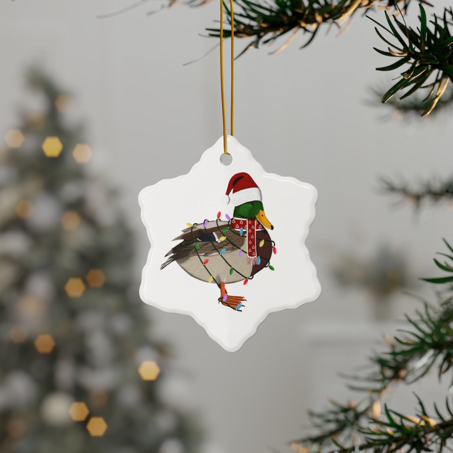 Mallard as Santa Ceramic Bird Christmas Ornament | Durable Double-Sided Bird Lover Decor