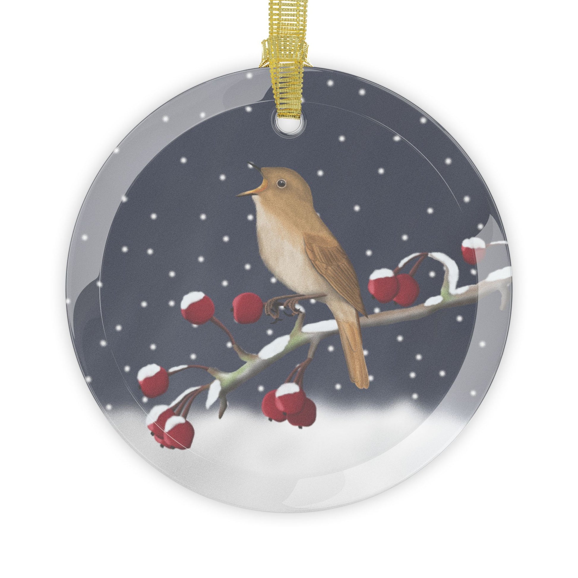 Nightingale on a Winter Branch Christmas Bird Glass Ornament