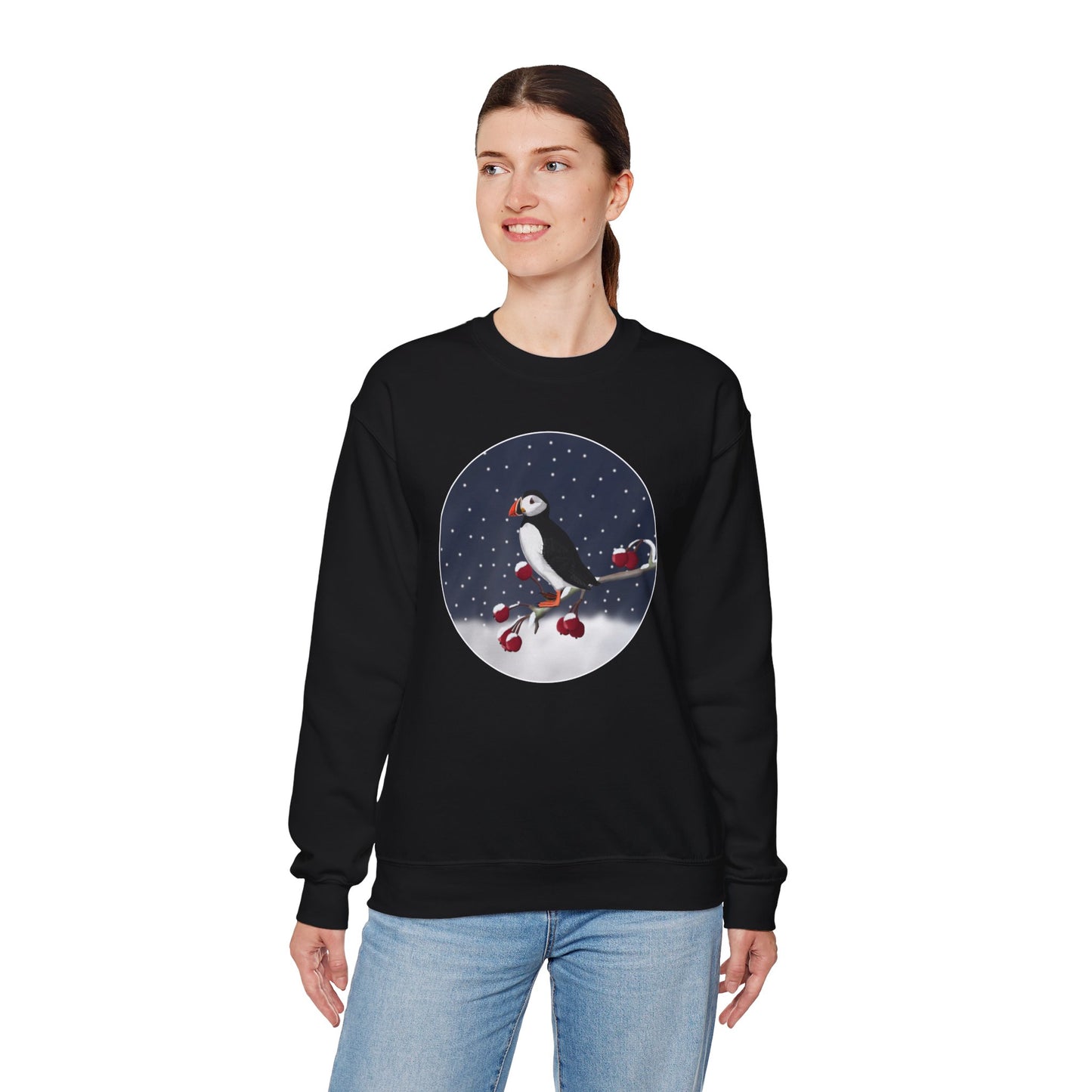 Puffin on a Winter Branch Birdwatcher Christmas Bird Sweatshirt