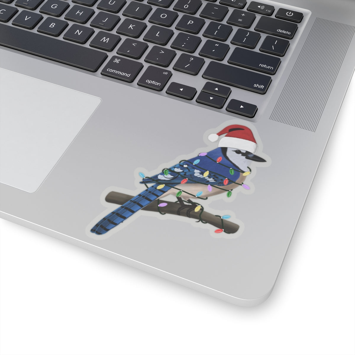 Blue Jay with Fairy Lights and Santa Claus Hat Christmas Bird Sticker