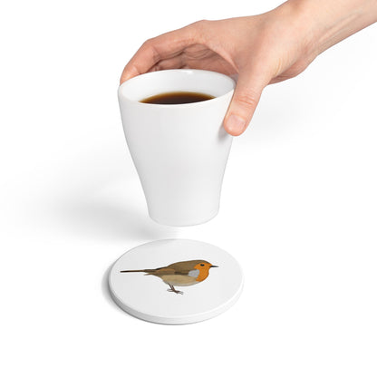 Rotkehlchen Keramik-Untersetzer Vogelmotiv Weiß