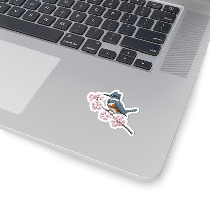 Belted Kingfisher Cherry Blossom Sticker | Glossy Floral Bird Decal | Spring Laptop Sticker