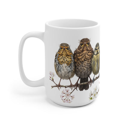 Amsel Rotkehlchen Eule Ästlinge Premium Keramiktasse Weiß | Geschenk für Vogelbeobachter