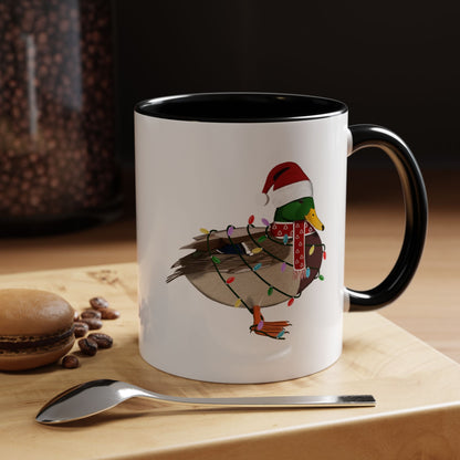 サンタクロースのマガモとフェアリーライトの陶器製バードコーヒーマグ – バードウォッチャーへのカスタムギフト