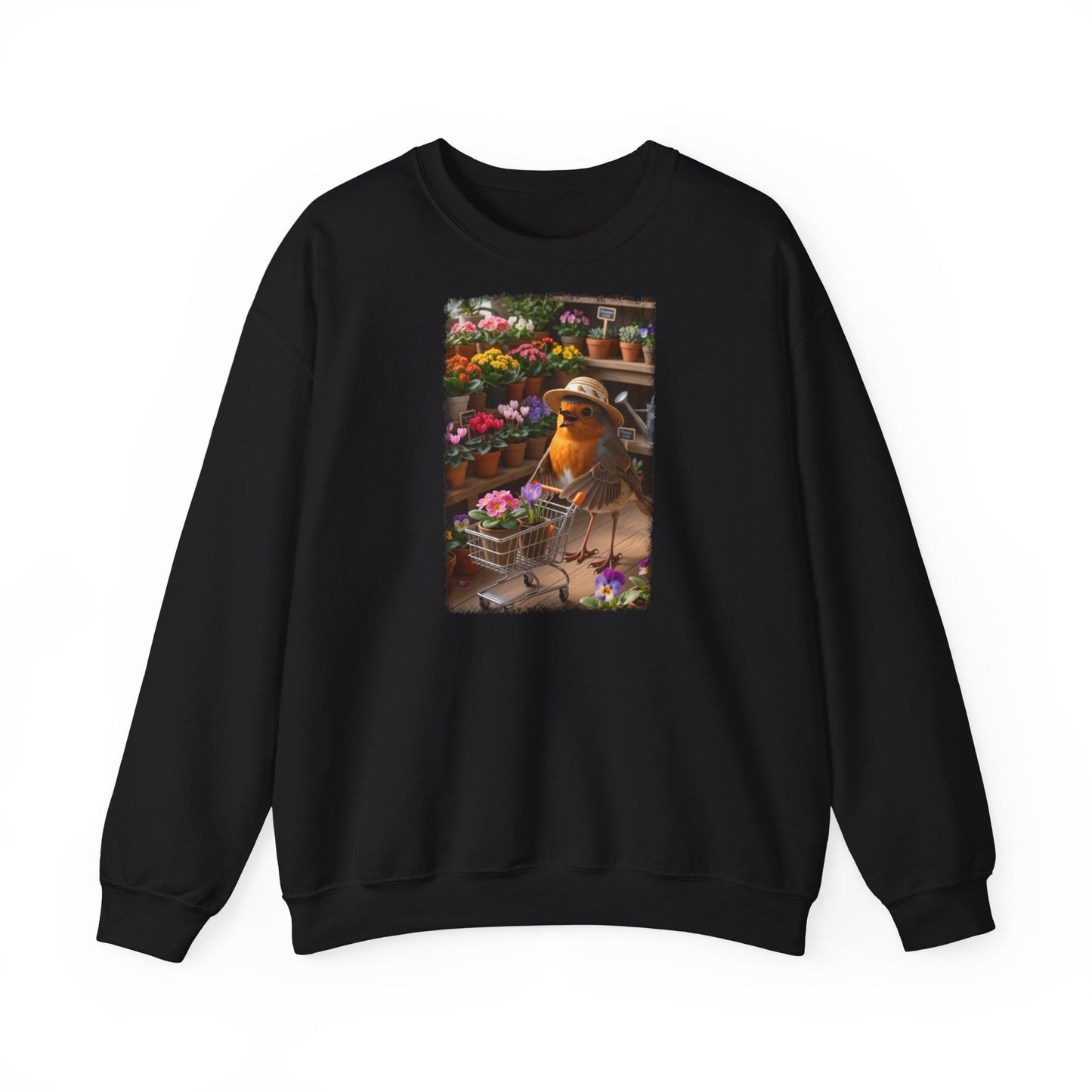 Lustiges Rotkehlchen Sweatshirt mit Blumen-Einkaufswagen | Süßer Vogel Pullover für Pflanzenliebhaber