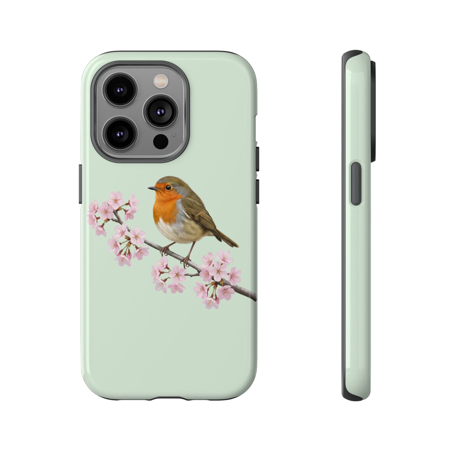 Rotkehlchen Handyhülle in Salbeigrün | Florales Kirschblüten Vogel-Motiv für iPhone & Google Pixel
